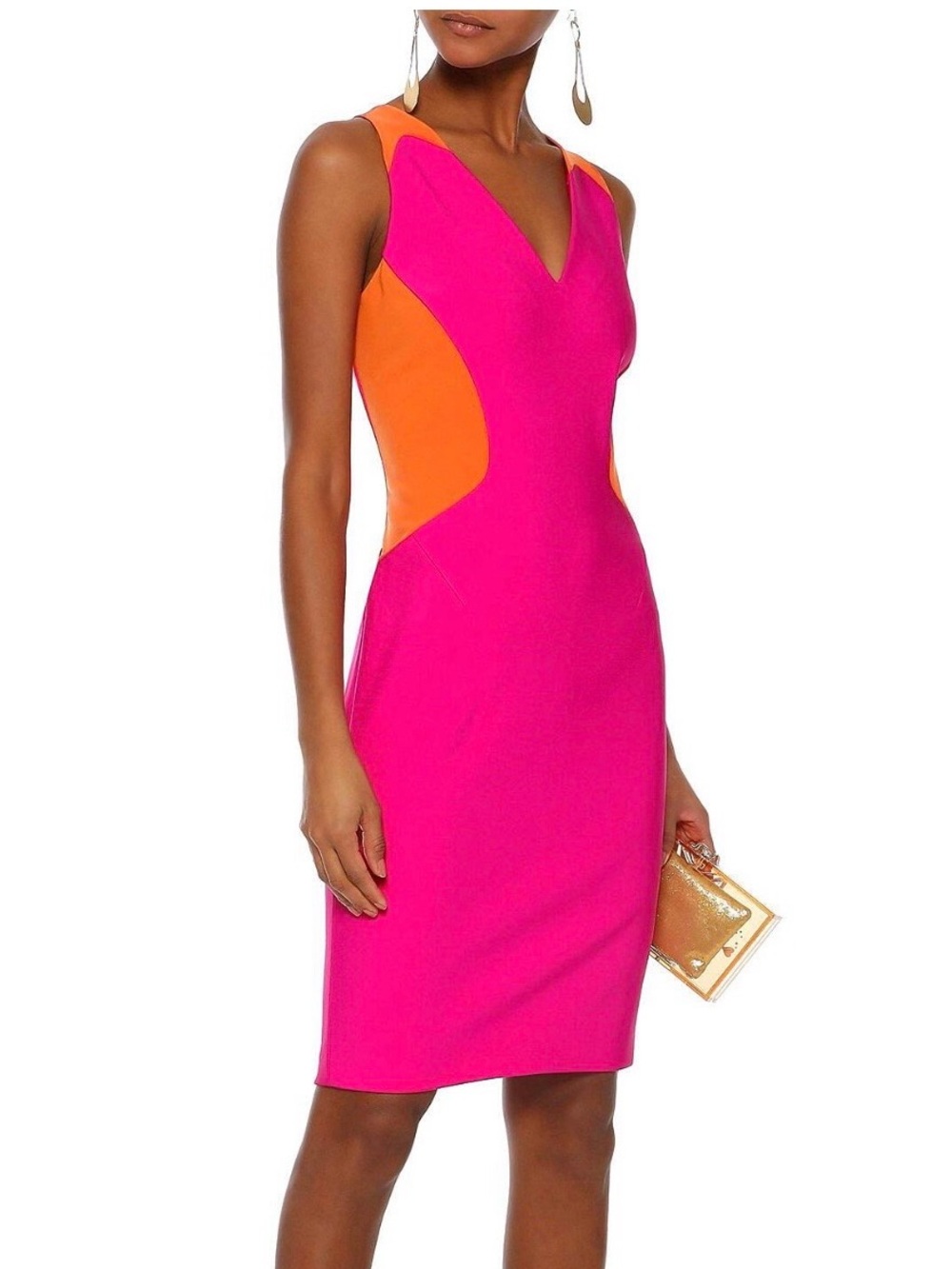 MUGLER Fuchsia and Orange Colorblock V-Neck Sheath Dress